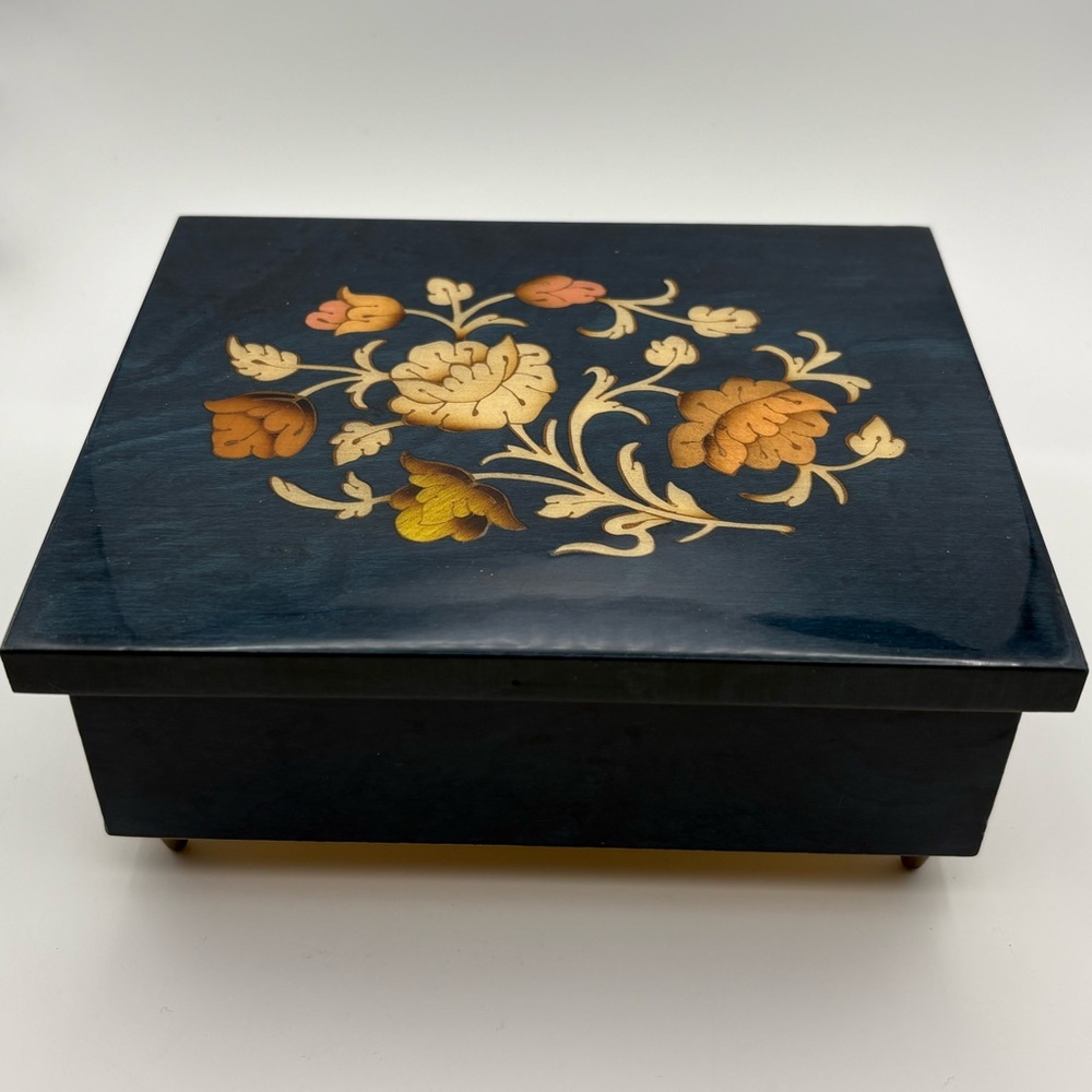 Footed Blue Wooden Inlay Floral Motif Music Box/ Jewelry Box Plays “Memories”
